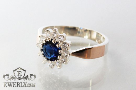 Женское серебряное кольцо с золотом синим фианитом, фото