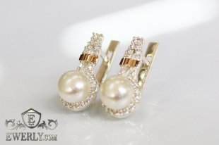 Серебряные серьги с белыми фианитами - жемчугом, фото