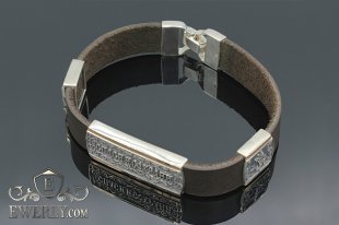 Православный браслет для мужчин (тёмно-коричневая кожа с серебром и золотом), фото