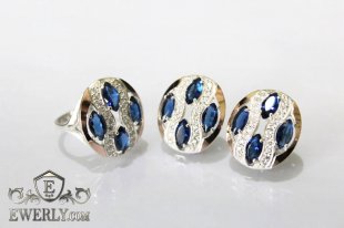 Серьги и кольцо из серебра c золотом и синими камнями, фото