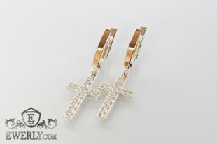 Женские серебряные серьги - кресты из серебра с золотом, фото