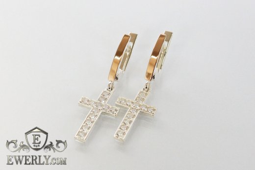 Женские серебряные серьги - кресты из серебра с золотом, фото